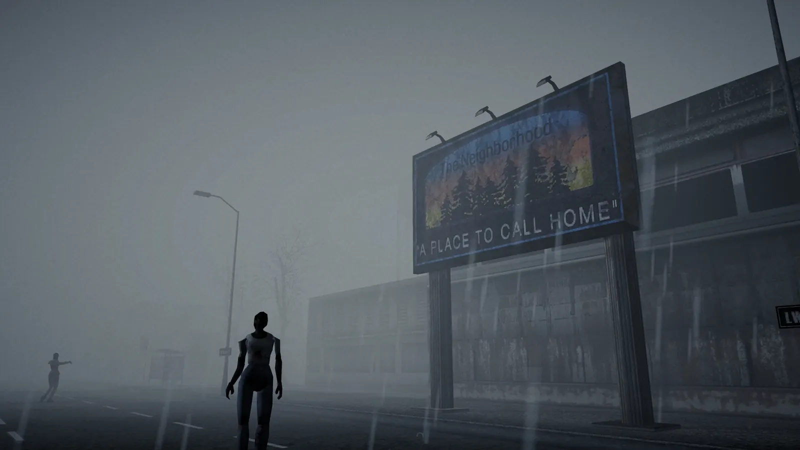 A billboard reading The Neighborhood — a place to call home, over an abandoned street.